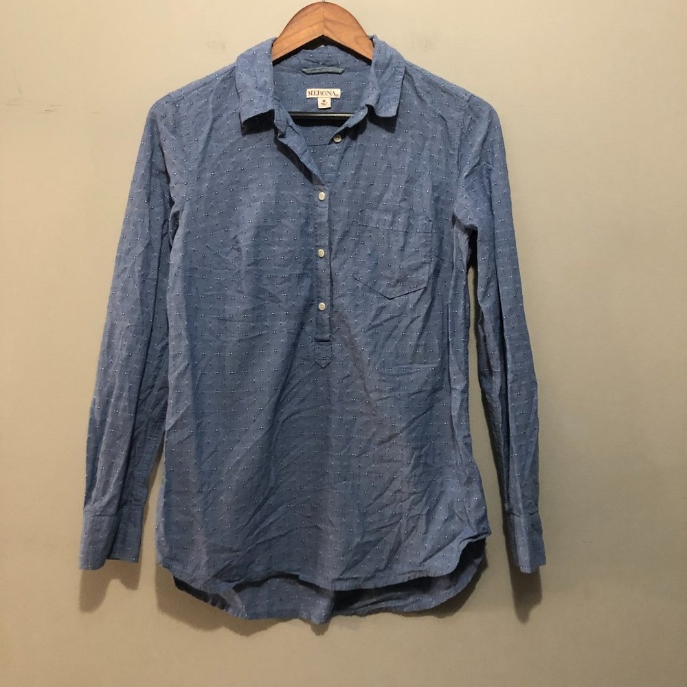 Merona Long Sleeve Button Front Collared Blouse Textured Blue Medium